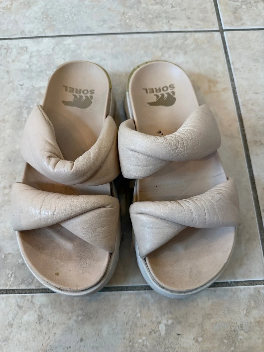3/$30 Sorel Puffy Double-Strap Slide Sandals in Neutral Beige